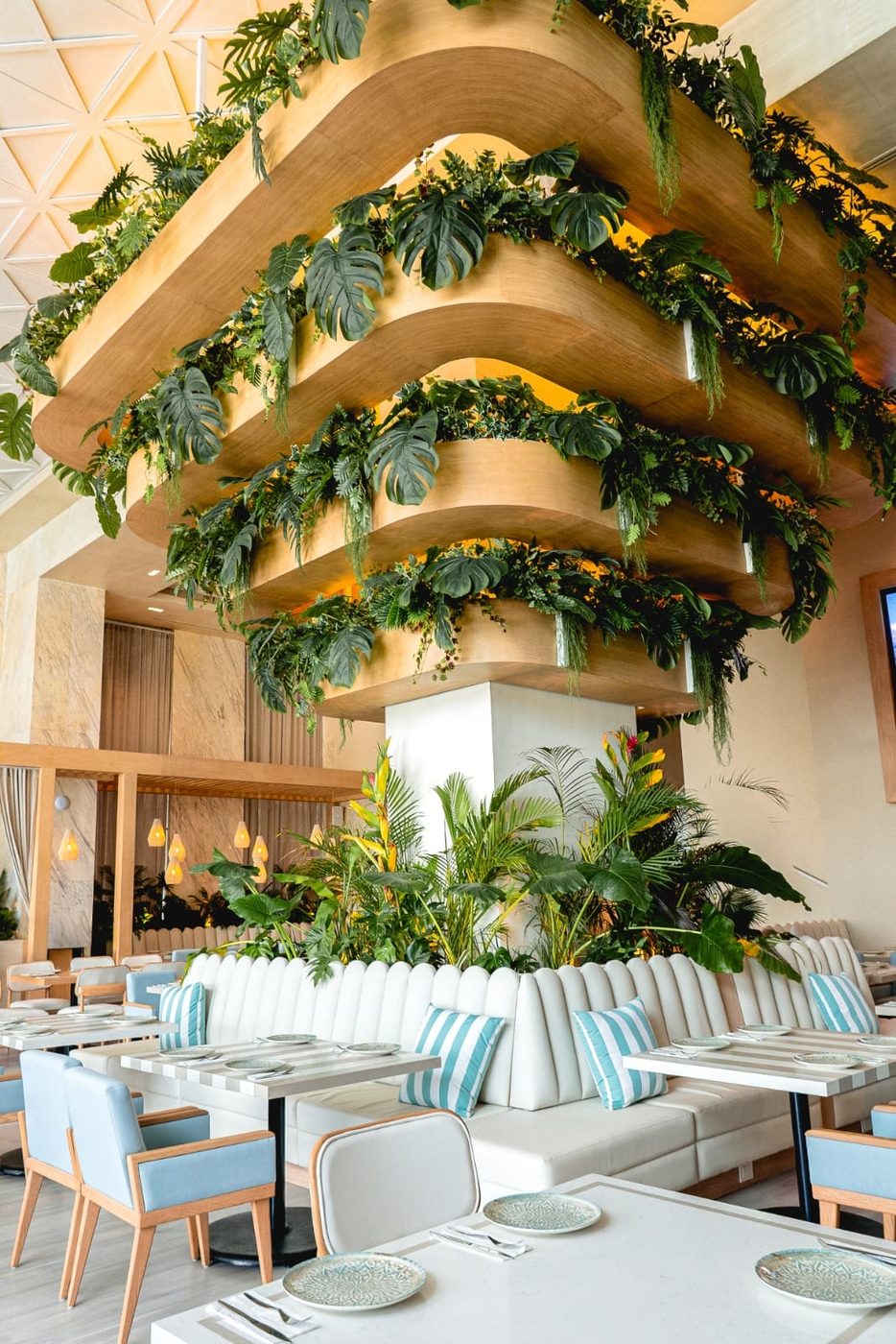 Interior de Casa Palma con techo de madera y jardín colgante