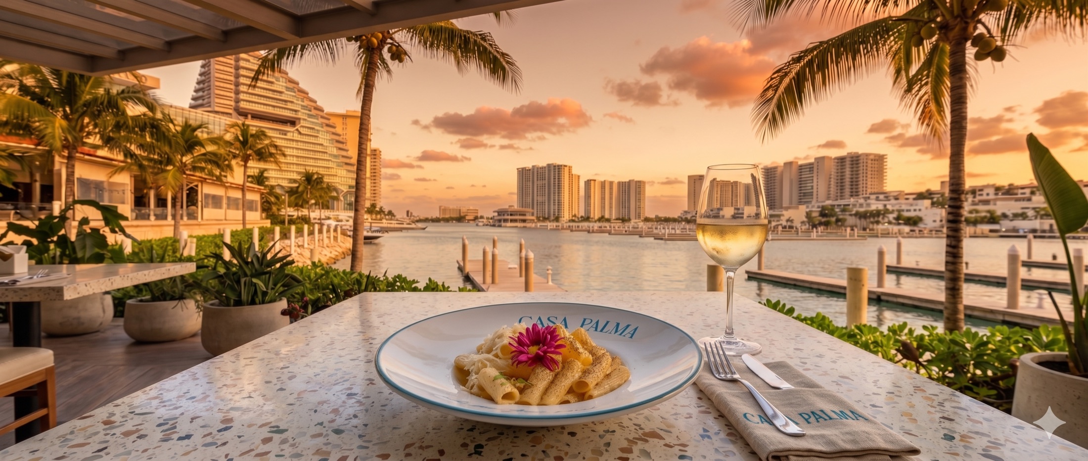 Atardecer en la terraza de Casa Palma, Marina Puerto Cancún
