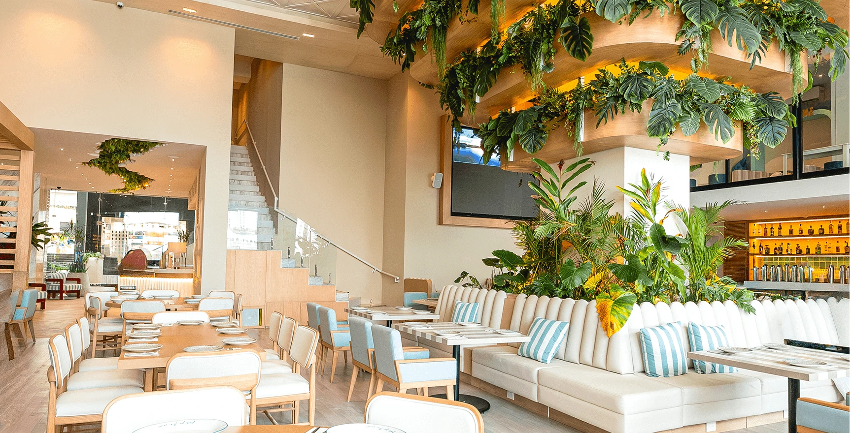 Interior de Casa Palma con palmas y mobiliario teal